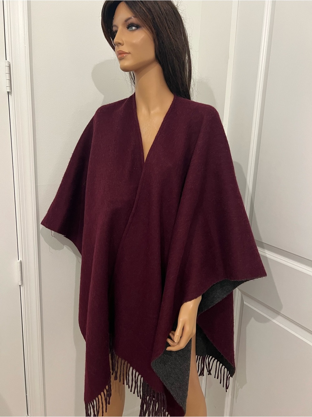 Rag & Bone 100% Wool Poncho Cape Burgundy Gray Fringe One Size